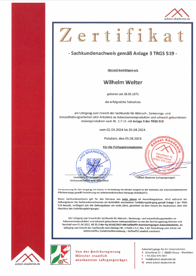 Zertifikat Asbestzement TRGS 519 Abbruch- Sanierungs- und Instandhaltung