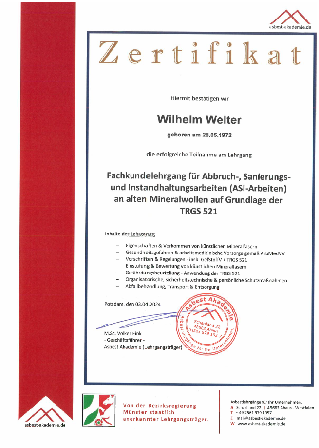 Zertifikat Mineralwolle TRGS 521 Abbruch- Sanierungs- und Instandhaltung